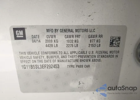2014 Chevrolet Malibu 1Ls from USA, damaged, VIN 1G11B5SL3EF292453